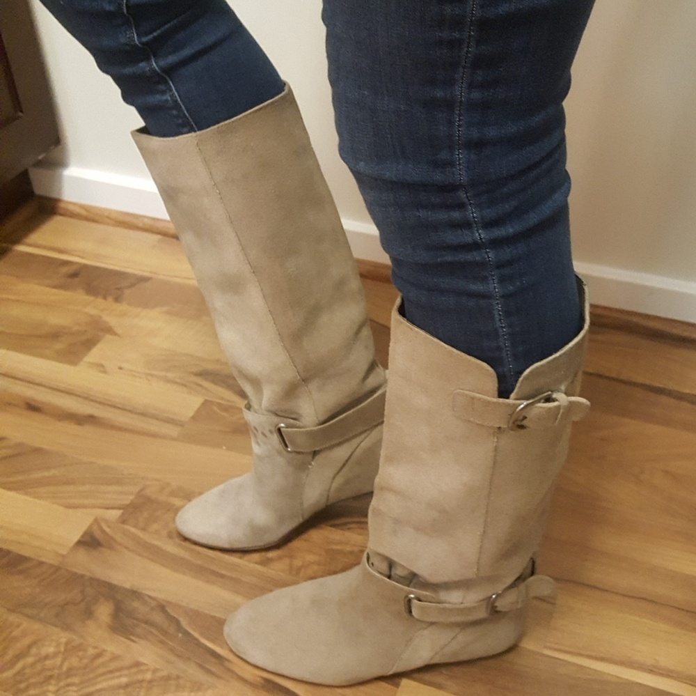 Grey suede flat boots